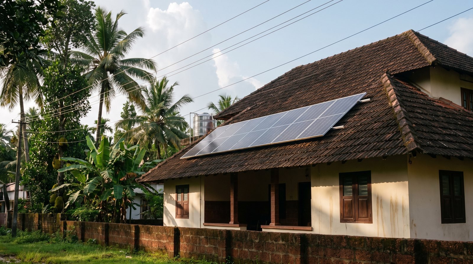 Illustration: a tiled-roof Kerala house with a rooftop solar array, coconut palms and a laterite compound wall in late afternoon light. Ficus's own job photographs are further down the page.